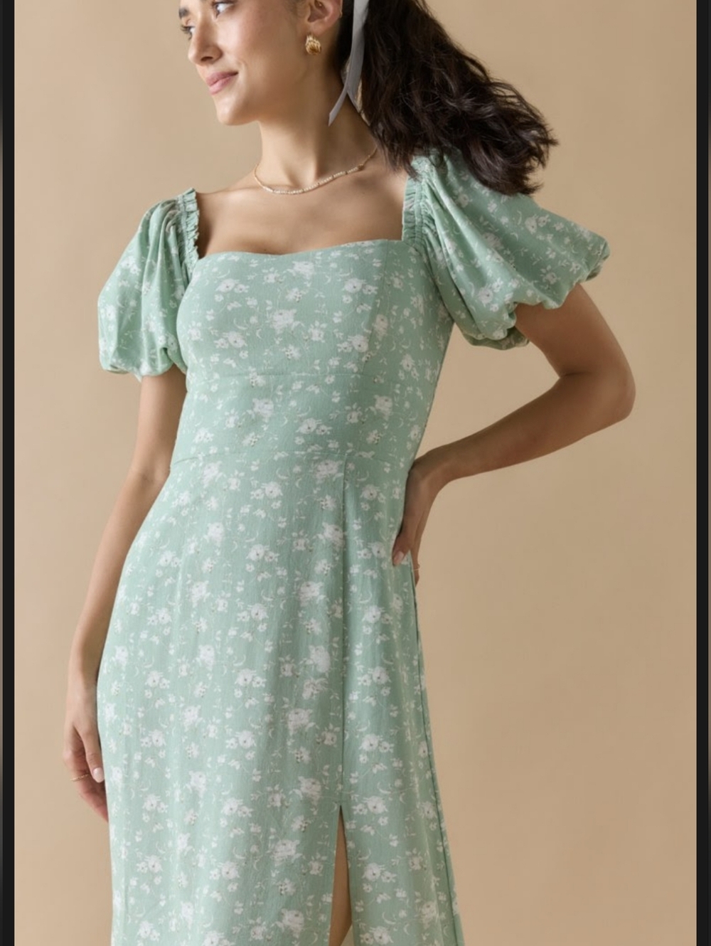 Francesca’s Sage Floral Puff Sleeve Midi Dress - Picture 9 of 9
